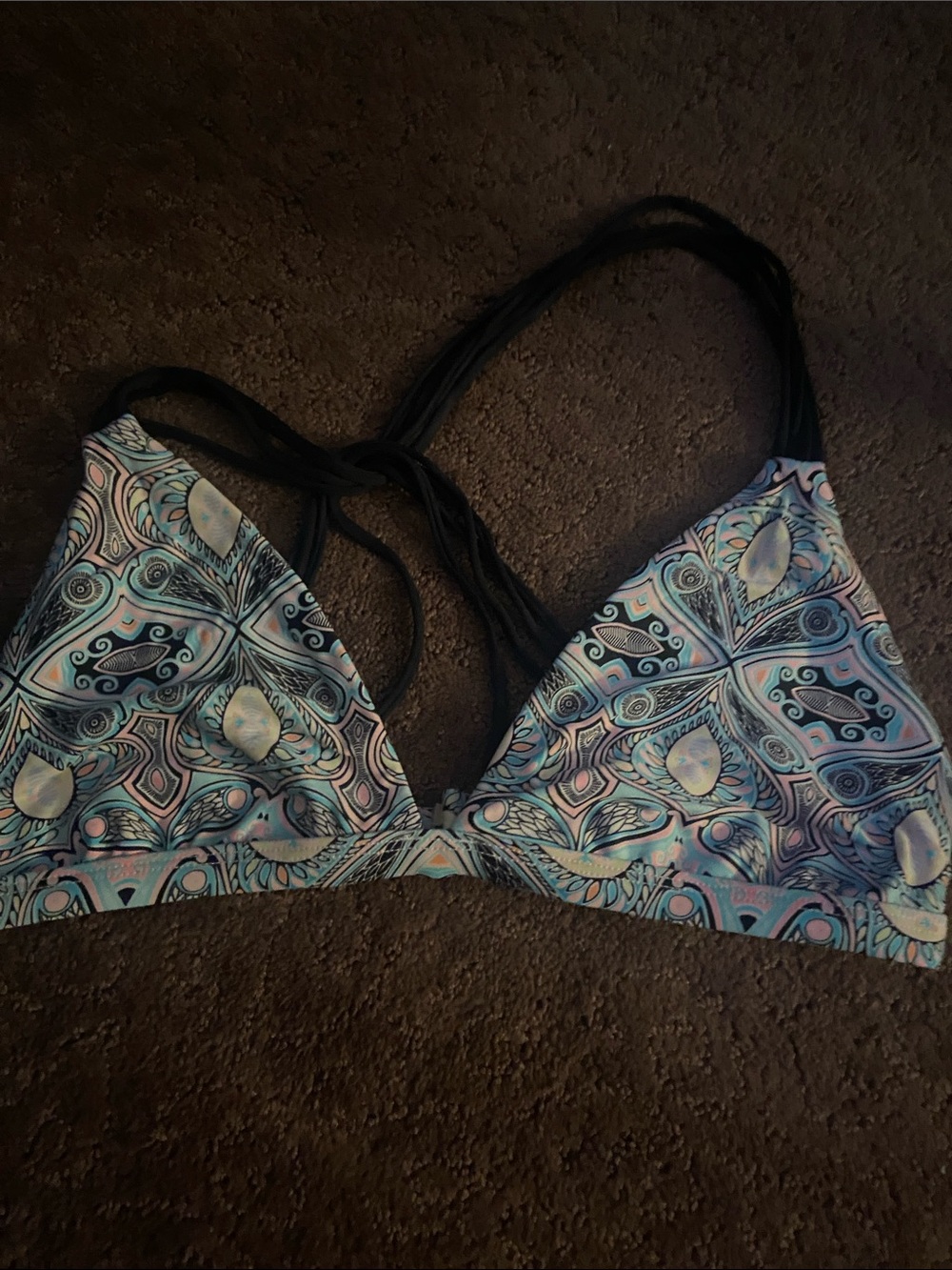 Blue & Pink Patterned Triangle Bikini Top with Strappy Back